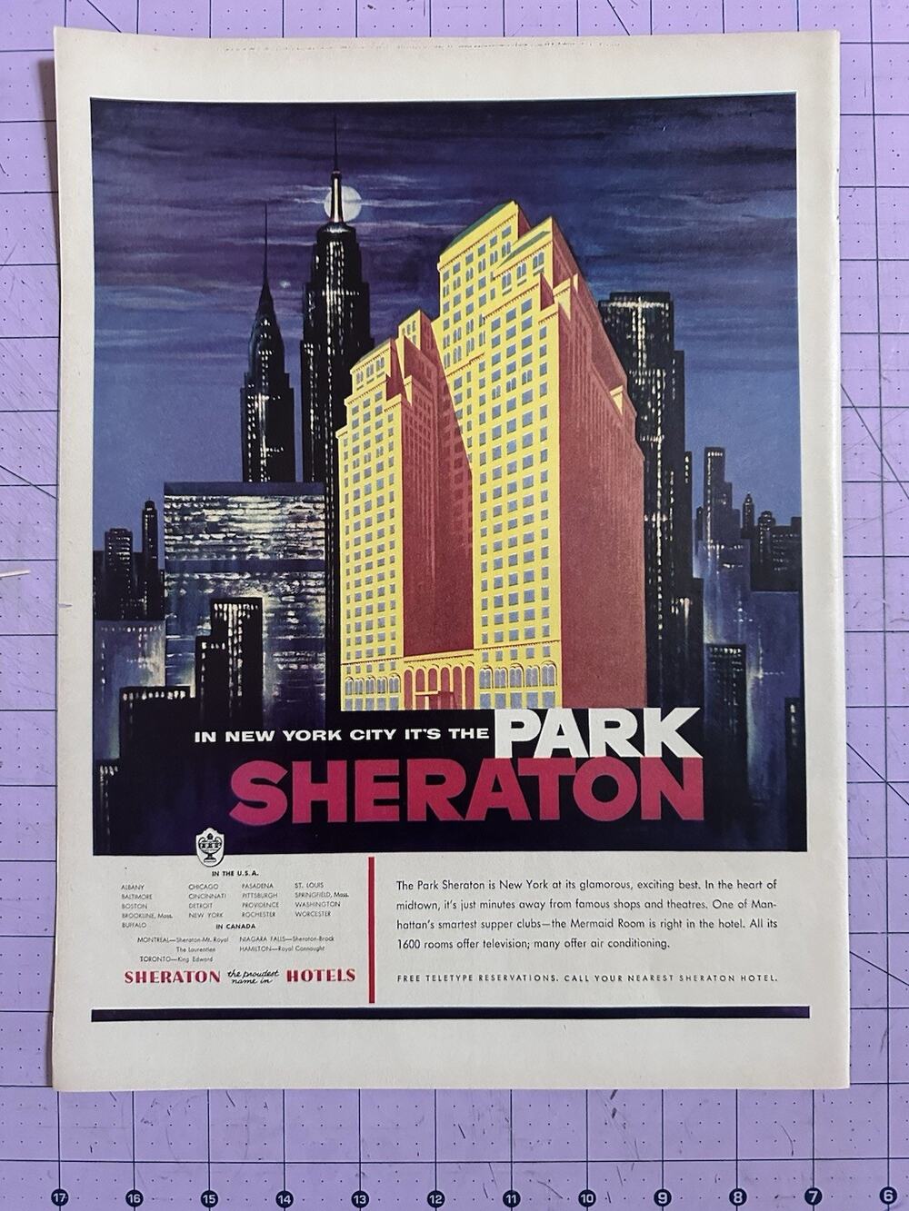 Original 1954 Vintage Print Ad New York City It's the Park Sheraton